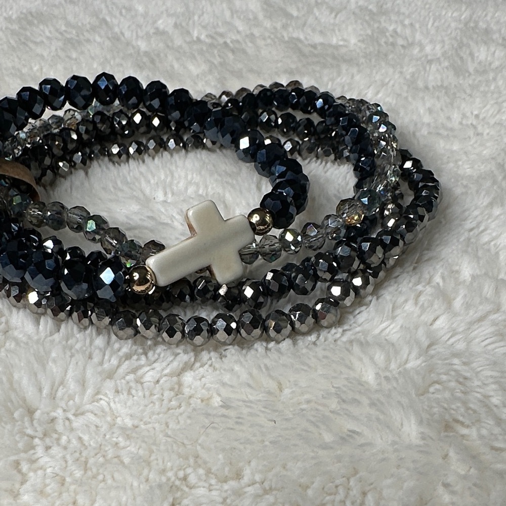 Beaded Bracelet Set of 5 Navy, Black & Silver, Cross Charm NWT Faith Gifts